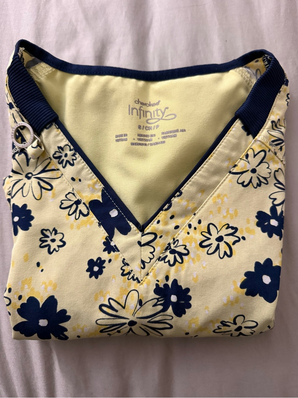 Cherokee Yellow and Navy Floral V-Neck Short Sleeve Scrub Top